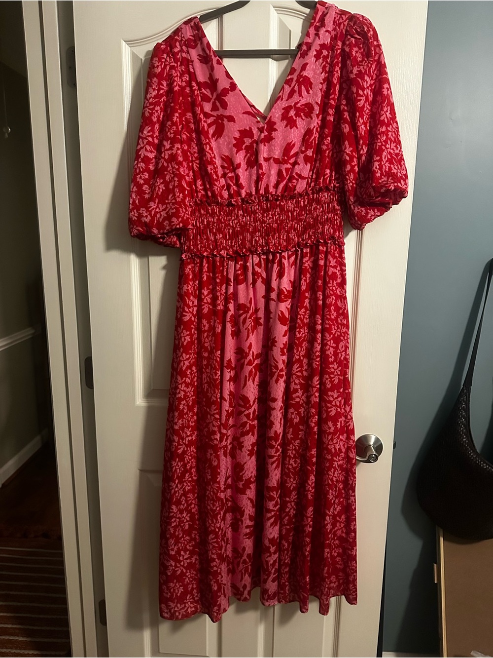 Pink and Red Floral V-Midi Dress